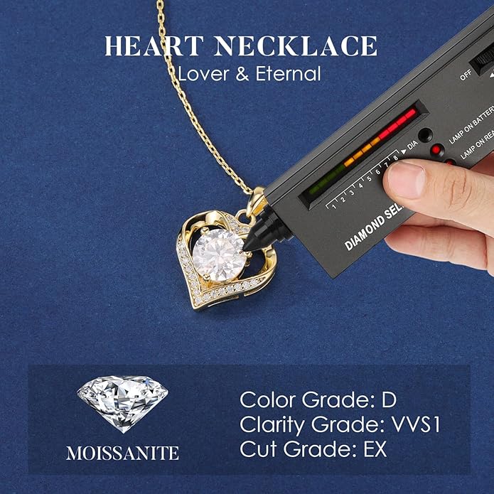 MOOSEA Valentines Day Gifts for Her - 925 Sterling Silver Heart Moissanite Pendant Necklace 1-3 Carat VVS1 Clarity Moissanite, Anniversary Birthday Gift for Women Mom Wife Girlfriend