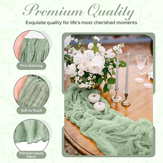 Cheesecloth Table Runner 6 Pack – 35x120 Inch (10ft) Boho Rustic Gauze Cloth Runners – Crinkle Polyester Table Decor for Wedding, Baby Shower, Bridal Shower, Birthday Party and More (Sage Green)
