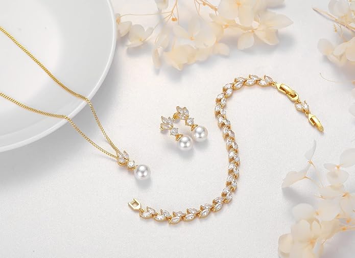 Wedding Jewelry for Bride Bridesmaid, Pearl Dangle Earrings and Pendant Necklace Set Bridal Jewelry for Promise Wedding Party