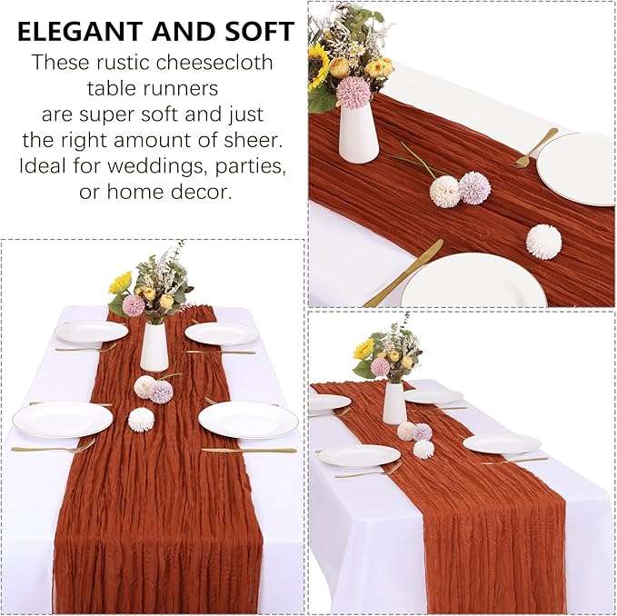 6 Pack Fall Table Runner Terracotta Cheesecloth 10FT Boho Gauze Fabric Burnt Orange Table Runner 35 x 120 Inch Rustic for Thanksgiving Wedding Decor Baby Shower Party Boho Decoration