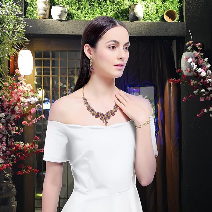 3/4 Pieces Women Jewelry Set Artificial Rhinestone Crystal Bride Statement Choker Necklace Tiara Crown Link Bangle Bracelet Teardrop Dangle Earrings Set