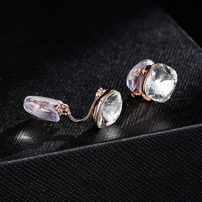 EVEVIC Austrian Crystal Square Cilp On Earrings for Women 14K Gold Plated Non Pierced for Sensitive Ears Jewelry Gifts for Anniversary
