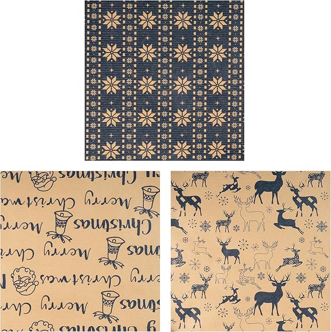 RUSPEPA Christmas Wrapping Paper Rolls - Mini Roll - 17 inches x 10 feet per Roll, Total of 3 Rolls - Reindeer and Snowflake