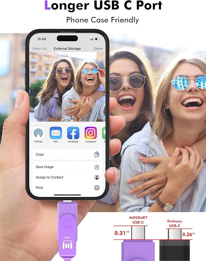 MOSDART 512GB USB3.1 Fast Speed C and A Dual Flash Drive, exFAT Memory Stick with Keychain and LED Indicator, for iPhone 15 and 16, Android Phone, iPad, MacBook, and Other Laptops, Purple