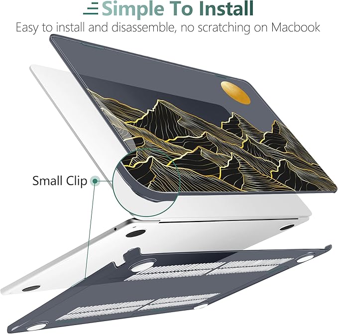 TWOLSKOO for M4 MacBook Air 13.6 inch Case 2025-2022 Release M4 A3240 M3 A3113 M2 A2681, Plastic Hard Shell & Screen Protector & Keyboard Cover & Trackpad Film, Golden Mountain
