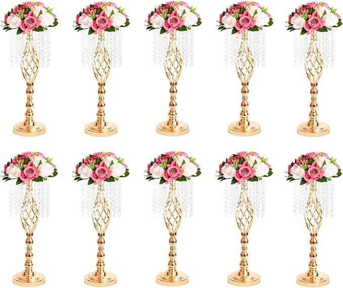 Metal Flower Stands with Crystal Beads, Wedding Centerpieces for Table Decorations, Elegant Metal Flower Arrangement Stands, Flower Vases for Wedding Party Celebration Home Decor (Gold-10pcs)