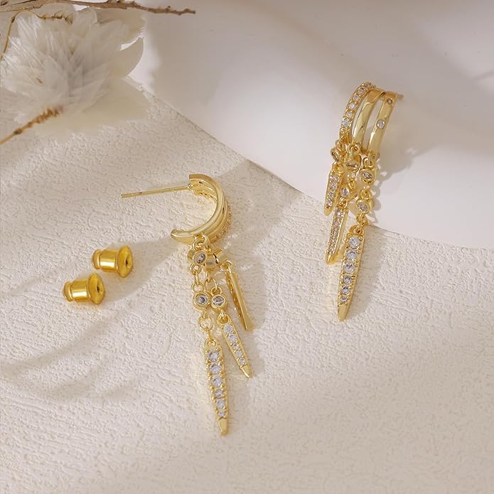 Dangle Earrings For Women,Dainty 14K Gold Plated Hypoallergenic Small Triple Huggie Hoop Earring Gothic Cute Cross Moon Star Drop Earrings For Women Trendy Gold Statement Stud Earring Jewelry