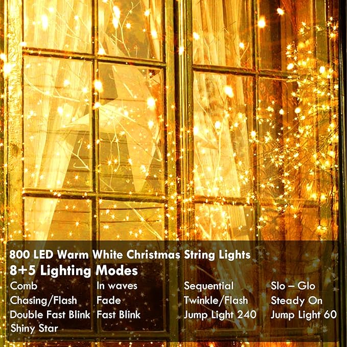 288FT 800LED Extra-Long String Lights Indoor Outdoor Clear Wire, Warm White Christmas String Lights, Plug in Twinkle Fairy Light With Timer and Memory For Wedding Patio Tree Yard Christmas Decorations