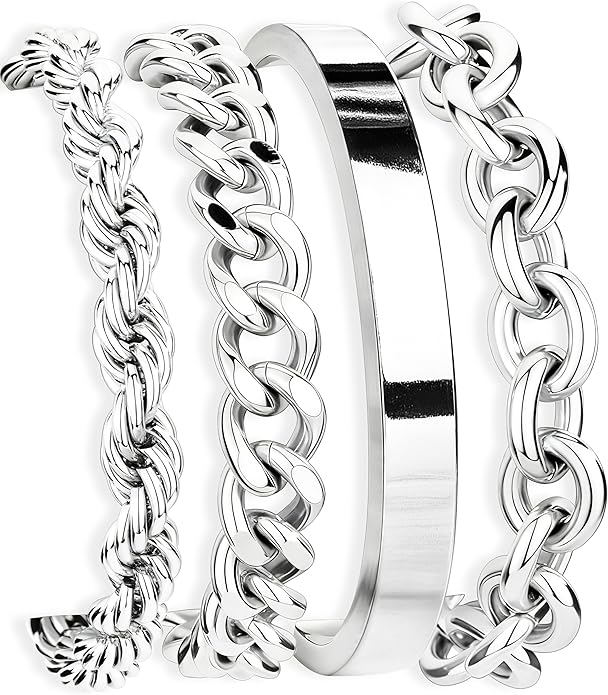 Chunky Gold Bracelets Stack for Women Non Tarnish, Waterproof 14K Gold Plated Bangle Cuff Bracelets Set for Women Trendy Thick Layered Cuban Link Chain Paperclip Rope Stackable Bracelet for Jewelry Gifts