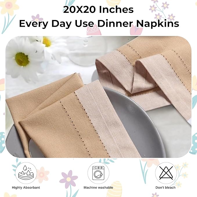 Homidate Cotton Cloth Napkins Set of 12 – 20x20 Beige Multi Double Hemstitched – Machine Washable Dinner Napkins for Weddings, Easter & Special Occasions