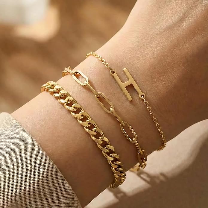 14K Gold Plated Bracelets for Women, A–Z Initial Charm Bangles Jewelry Set, Elegant Gold Accessories, Friendship Bracelet Gifts for Mom