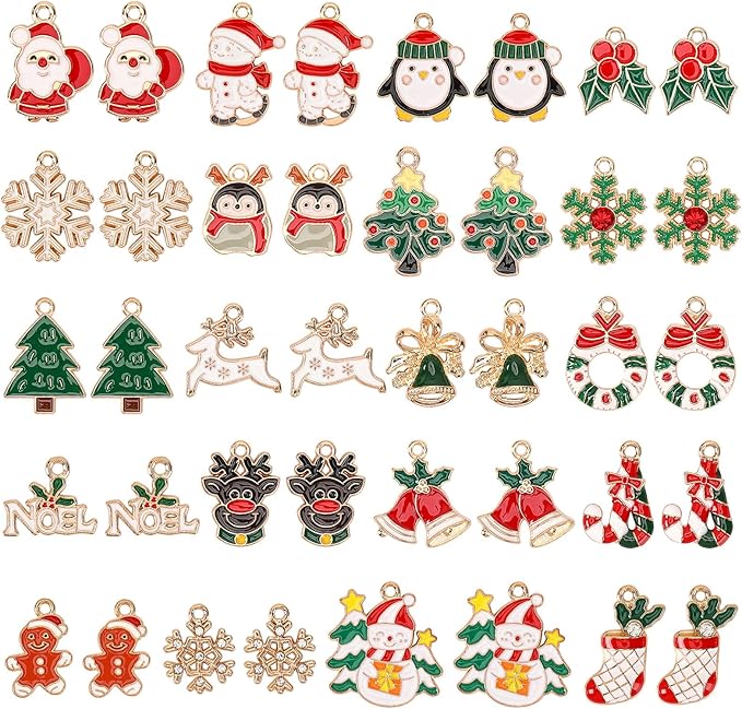MARFOREVER 40Pcs/20 Pairs Christmas Charms, Christmas Gold Enamel Charms Pendants for Jewelry Making, Metal Alloy Xmas Charm Pendants for Bracelet Necklace Earrings Making Accessories