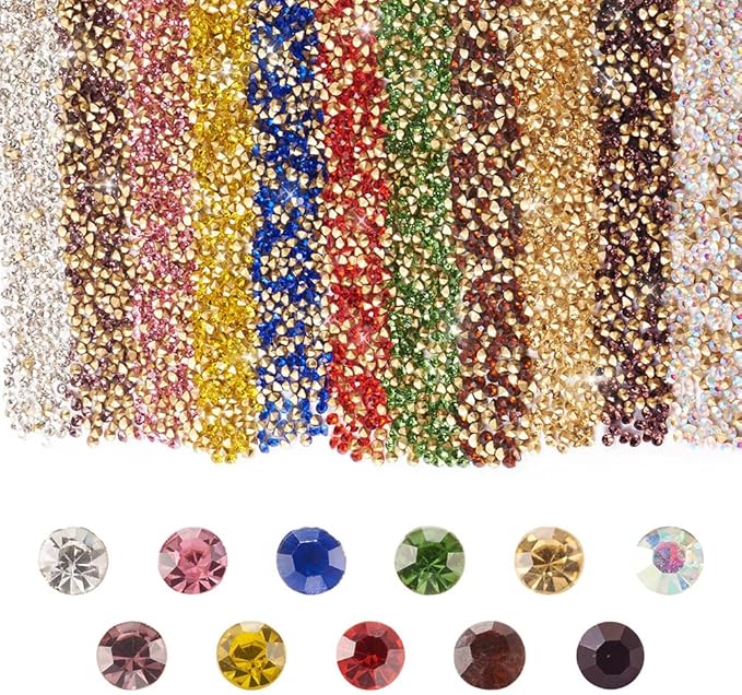 Fashewelry 5500pcs Mixed Color Glass Pointed Back Rhinestone 2mm Crystal Faceted Diamond Rhinestone Beads with Golden Back Clear Round Cabochons for Nail Art Replacing Jewelry