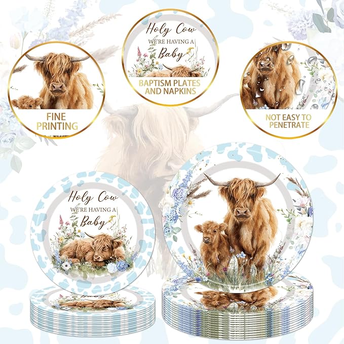 96Pcs Highland Cow Baby Shower Decorations Disposable Tableware Set - Holy Cow Highland Paper Plates Napkins Forks Blue Boho Highland Theme Baby Shower Birthday Party Supplies Serve 24 Guests