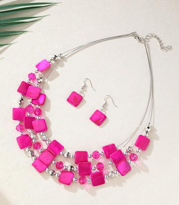 Layered Beaded Statement Necklaces for Women Square Shell Bead Collar Necklace and Earring Set Birthday Gifts Boho Jewelry Sets for Women