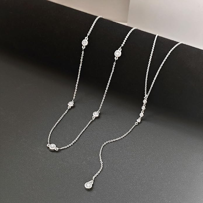 Lariat Silver/Gold Necklace for Women 925 Silver/14K Gold Plated Dainty Long Necklace Y-Shaped Drop Pendant Necklaces Choker Trendy Chain Simple Layered Necklaces CZ Jewelry for Women Set Gift