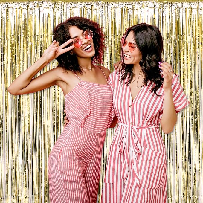3 Pack Light Gold Foil Fringe Curtains Backdrop, 3.28 x 8.2 Ft Metallic Streamers Tinsel Curtains Background for Photo Booth, Birthday, Halloween, Christmas, Thanksgiving, New Year Party Decorations