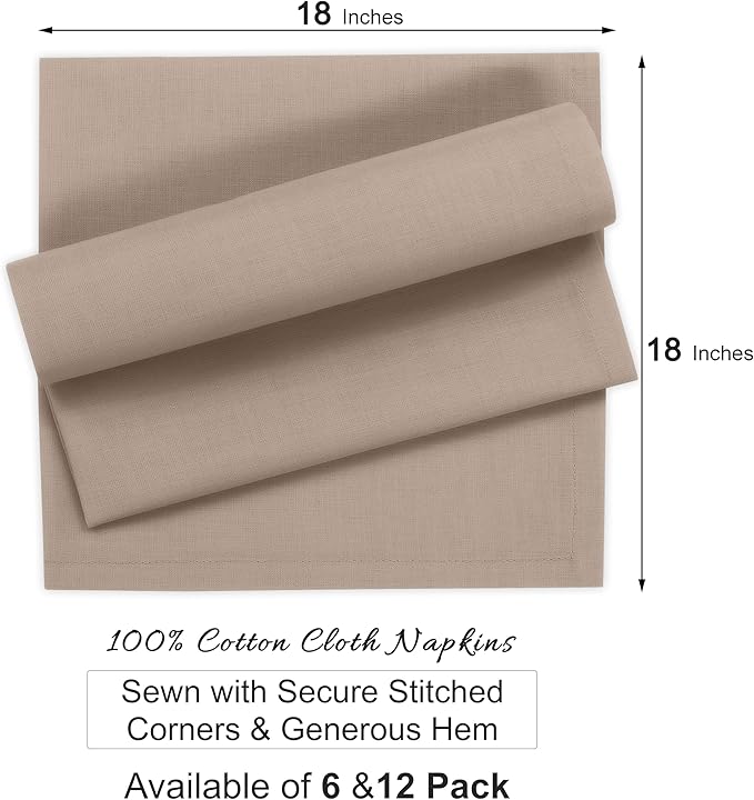 Ruvanti Premium Cloth Napkins Set of 6, 18x18 Inches, 100% Cotton, Washable, Soft & Absorbent, Perfect for Wedding, Christmas, ‎Thanksgiving Dinners - Light Taupe