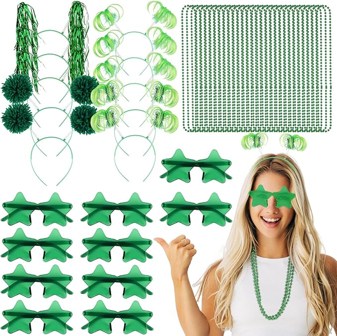 50 Pcs Green Holiday Team Spirit Party Accessories Pom Pom Party Headbands Star Shape Sunglasses Bead Necklaces Stuff Favors for Birthday Wedding Supplies(Classic)