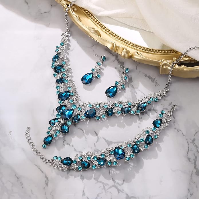 BriLove Women's Wedding Bridal Austrian Crystal Teardrop Flower Cluster Statement Necklace Dangle Earrings Jewelry Set for Party Prom