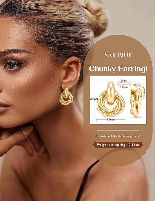 14K Gold Plated Knot Statement Earrings for Women Hypoallergenic Chunky Drop Dangle Earrings - Lightweight Fashion Accessories Gold Jewelry Gifts for Womens Trendy