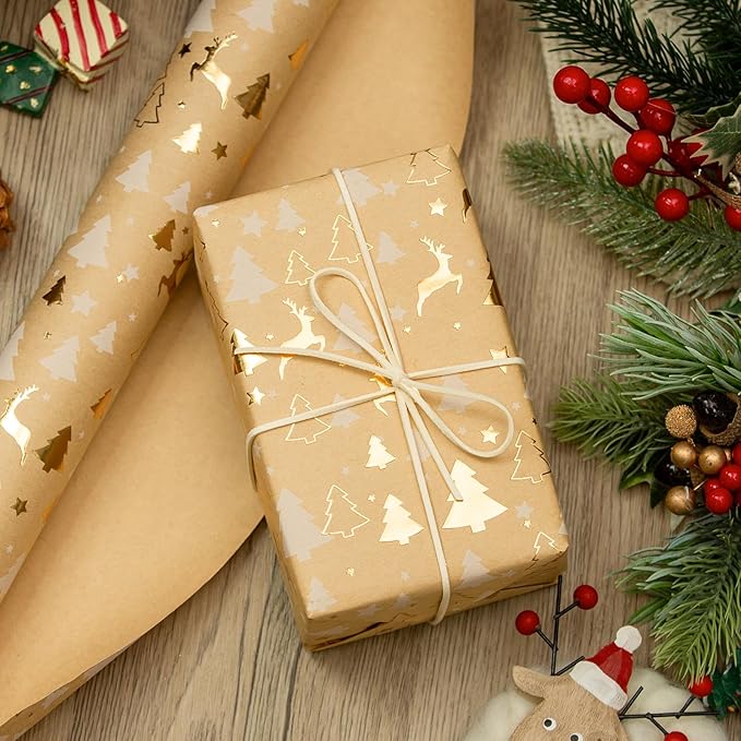 Garbendy Kraft Christmas Wrapping Paper Roll- 17 Inch X 32.8 Feet - Embossing 3D with Gold Foil Reindeer & Christams Tree Design for Christmas Holiday Party