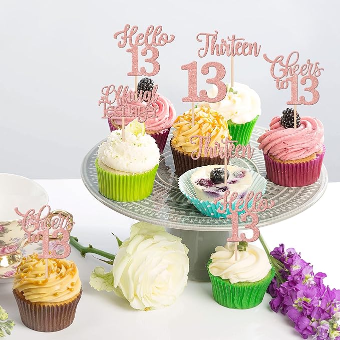 30PCS Happy 13th Birthday Cupcake Toppers Glitter Thirteen Official Teenager Hello 13 Cupcake Picks Cheers to 13 Birthday Decorations for 13th Birthday Anniversary Party Cake Decor Supplies Rose Gold