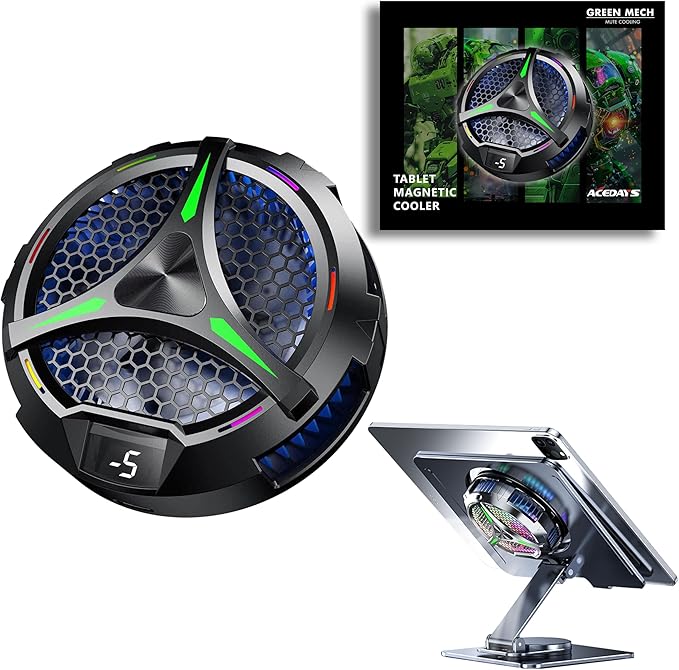 Magnetic Cooler for iPad,Tablet Cooler for ipad/Surface pro/Samsung Tab,Universal Radiator with Temperature Display for Mobile Gaming,Tiktok Live Streaming(Including Tablet Stand Holder)