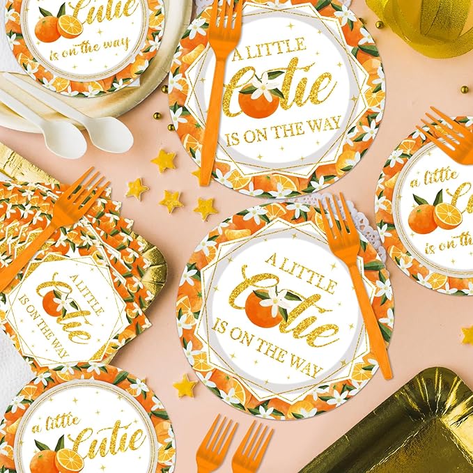 Little Cutie Baby Shower Decorations - 96PCS A Little Cutie Is on the Way Plates and Napkins Party Supplies Orange Tangerine Citrus Baby Shower Disposable Paper Tableware Set Serves 24 Guests