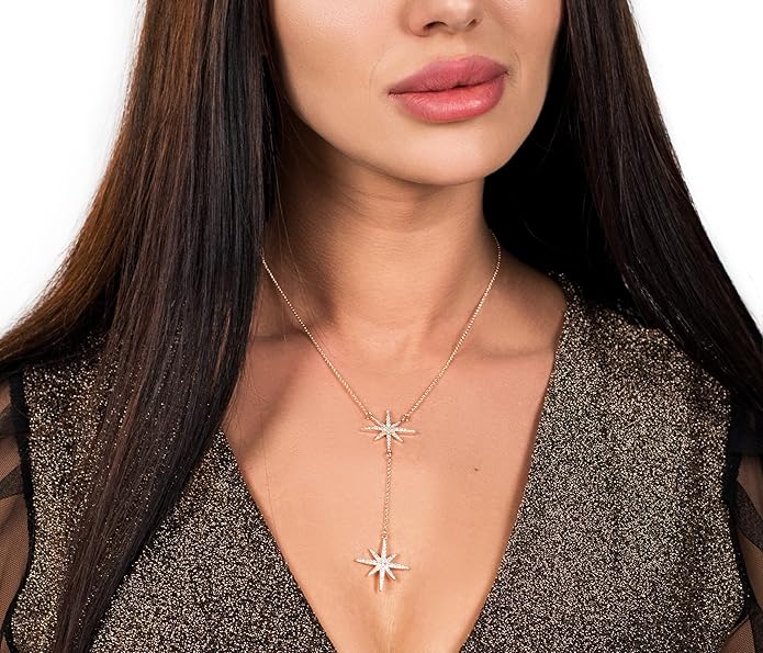 Savlano 14K Gold Plated Cubic Zirconia Round Cut Starburst 18 Inches Pendant Chain Necklace For Women