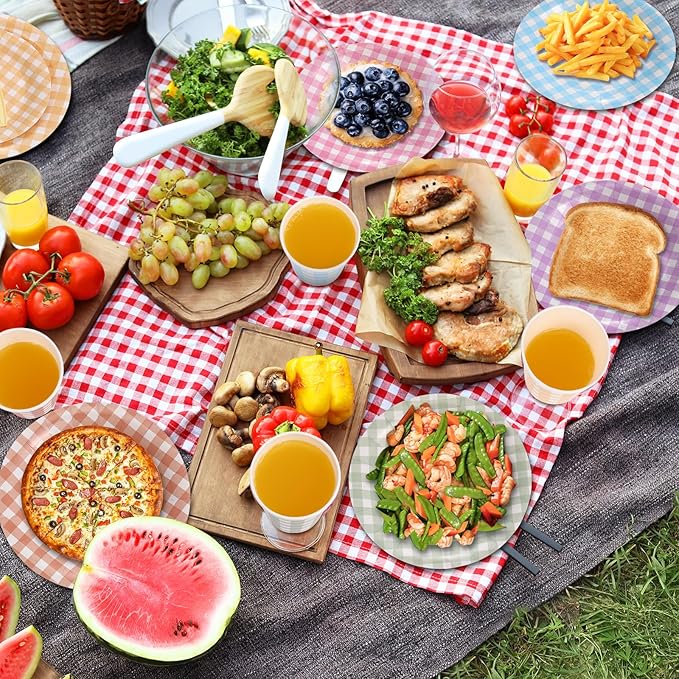 Havawish 360 Pcs Gingham Party Supplies for 60 Guests Checkered Disposable Paper Plates Cups Knife Fork and Spoon Plaid Dinner Plates Tableware Set for Picnic Wedding Birthday