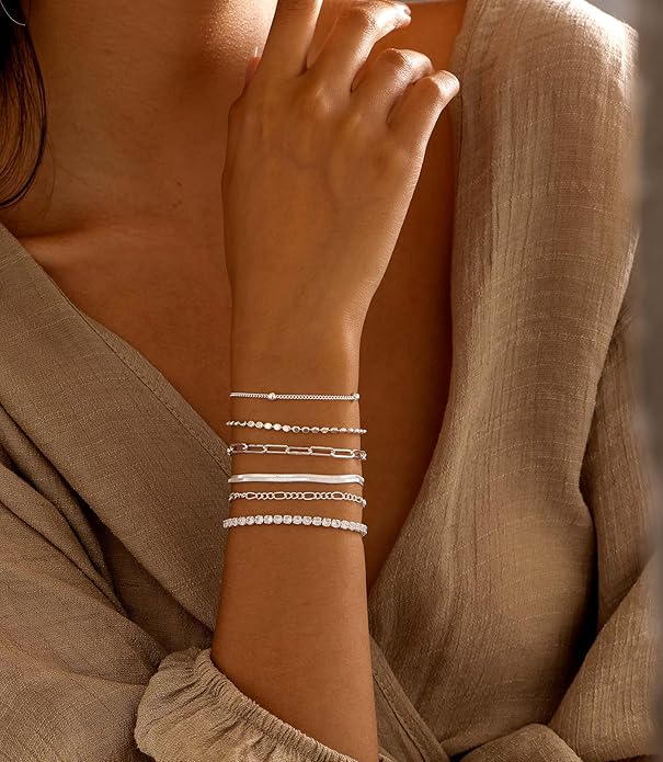 DEARMAY Dainty Silver Plated Bracelets for Women Trendy, Silver Jewelry Set for Women Bracelets for Women Paperclip Box Herringbone Figaro Rope Chain Bracelet Fashion Pack Gifts for Women