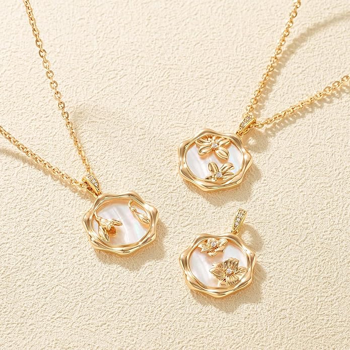 MTMY Birth Flower Necklace 14K Gold Plated Mother of Pearl Disc Birth Month Flower Pendant Necklaces for Women Personalized Custom Floral Jewelry Birthday Gift