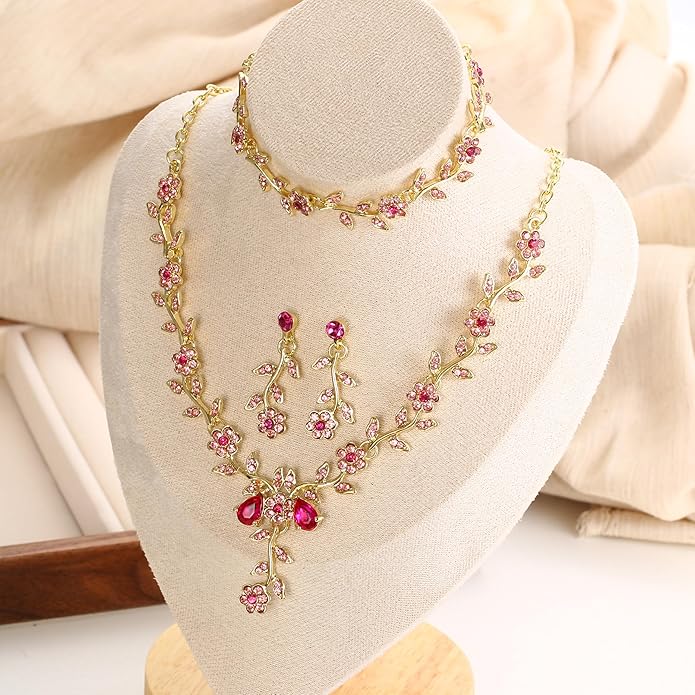 BriLove Women's Wedding Jewelry Leaf Cluster Flower Crystal Dangle Earrings Pendant Necklace Set for Bridal