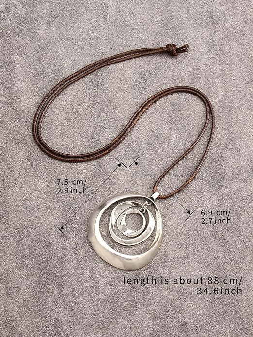 GelConnie Boho Necklaces for Women Vintage Silver Circles Long Pendant Necklace Cowgirl Sweater Necklace Adjustable Leather Choker Necklace for Women