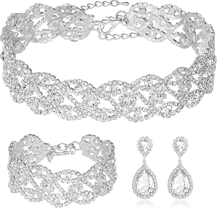 3/4 Pieces Women Jewelry Set Artificial Rhinestone Crystal Bride Statement Choker Necklace Tiara Crown Link Bangle Bracelet Teardrop Dangle Earrings Set