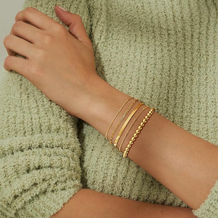DEARMAY 14K Gold Plated Bracelets for Women, Jewelry Sets Cute Tennis Beaded Bracelets Cuban Link Paperclip Chain Dainty Bracelet Pack Gifts