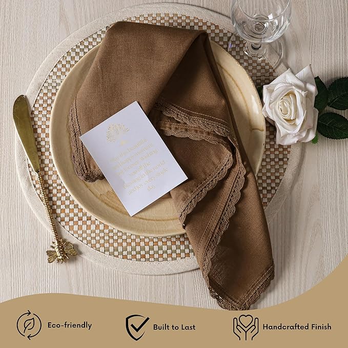 Ramanta Home Linen Flax Cloth Napkins Set of 12| 18x18 Inch | Premium Cotton Linen Flax Lace Soft & Durable | Washable Ideal for Everyday Use Parties Thanksgiving Christmas Halloween Brown