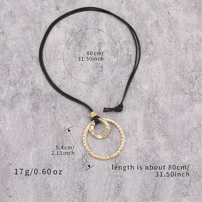 Boho Leather Necklace Women Bohemian Brown Circle Pendant Necklace Choker Long Necklaces for Women Boho Ring Large Pendant