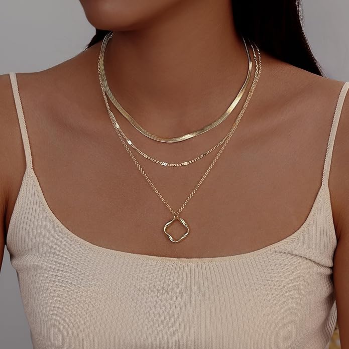 Evabelle Gold Layered Necklace for Women Trendy Jewelry 14K Real Gold Plated Chunky Chain Stackable Necklaces Dainty Choker Necklaces Rectangle Square Pendant