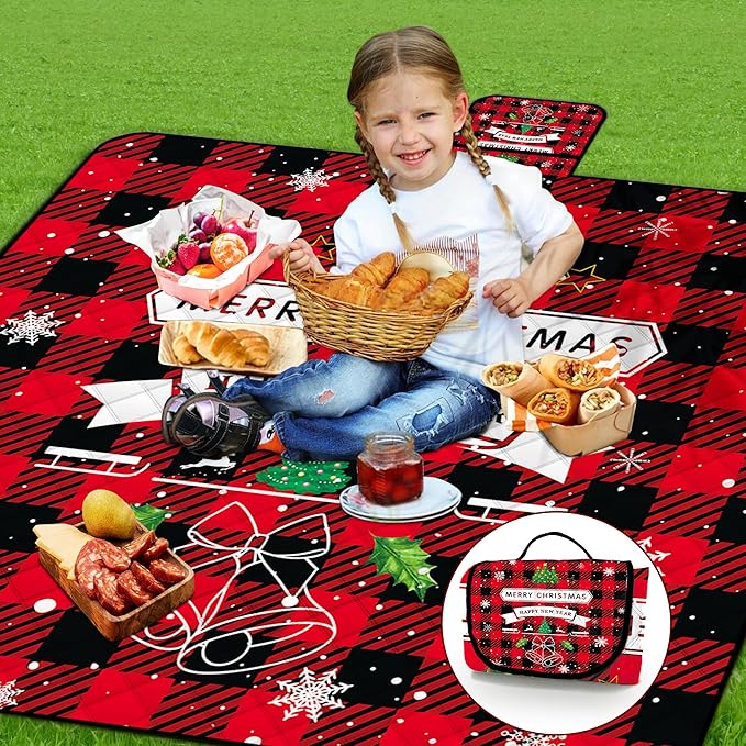 Poedist Christmas Extra Large Picnic Blanket Waterproof,80"x 80"Foldable Machine Washable Beach Blanket,Outdoor Blanket for 6-8 Adults,Suitable for Crawling,Park Beach,Camping,Hiking,Family