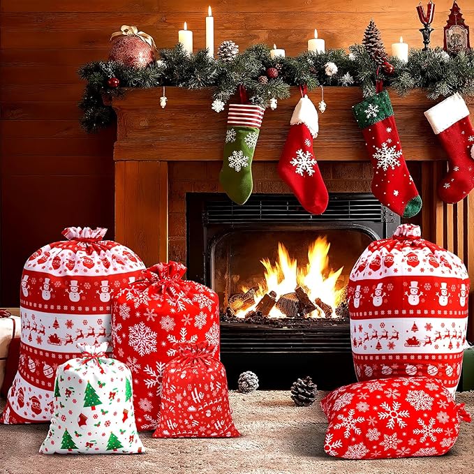 ARGCONNER 12 Pcs Christmas Gift Bags with Drawstring, Assorted Reusable Fabric Gift Bags in 4 Sizes and Designs for Xmas Holiday Party Favors, Treats, Stocking Stuffers