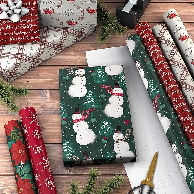 Hallmark Rustic Recyclable Christmas Wrapping Paper (6 Rolls: 180 Sq. Ft. Total) Red, White and Hunter Green Plaid, Poinsettias, Snowflakes, "Merry Christmas," Snowman, Santa
