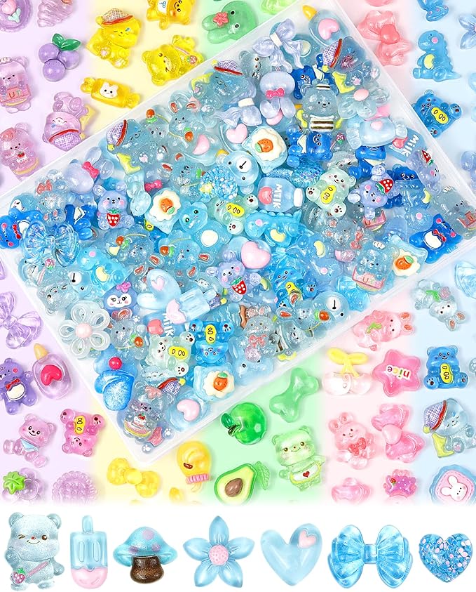 FIVEIZERO 100PCS Cute Slime Charms Bulk Set – Kawaii Flatback Resin Charms for Crafts, Mini Decoden Acrylic Embellishments for Phone Junk Cases, Scrapbooking & DIY Decoration (Blue)