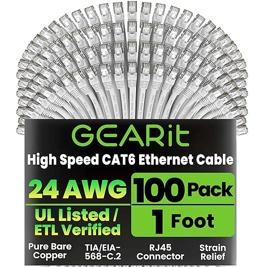 GEARit Cat 6 Ethernet Cable (100-Pack 1 Foot) Cat6 Network Patch, 10Gbps, RJ45, Snagless Cord, Gold-Plated Connectors, Internet for PC, TV, Tablet, Router, Printer, Servers, IT Data Center - White