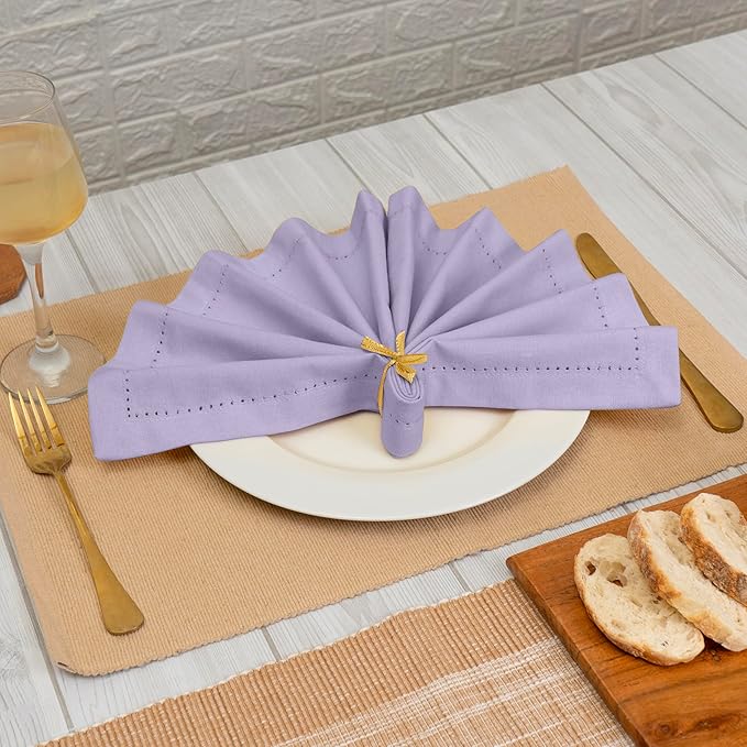 Blue Needles Set of 12 Hemstitch Linen Napkins 100% Cotton Lavender Cloth Dinner Napkins 18x18 inches, Soft, Reusable, Absorbent, Washable, Ideal for Fall Thanksgiving Events, Parties & Everyday Use