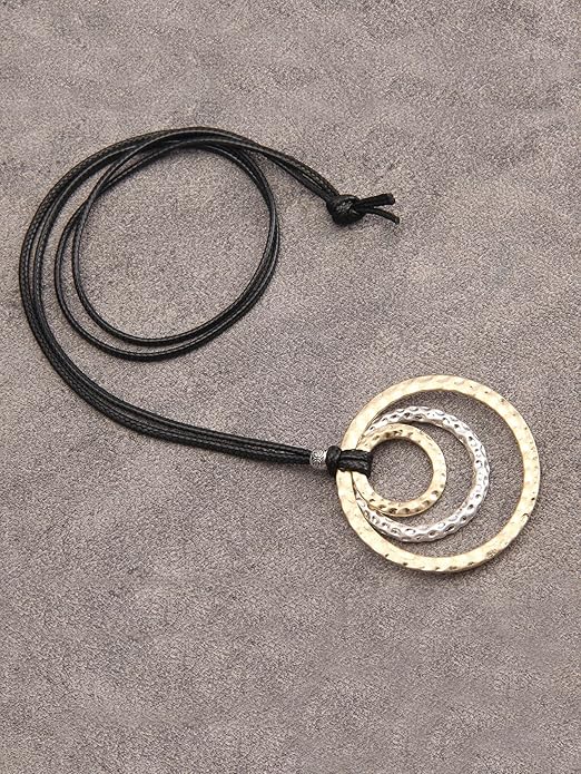 GelConnie Boho Necklaces for Women Vintage Silver Circles Long Pendant Necklace Cowgirl Sweater Necklace Adjustable Leather Choker Necklace for Women