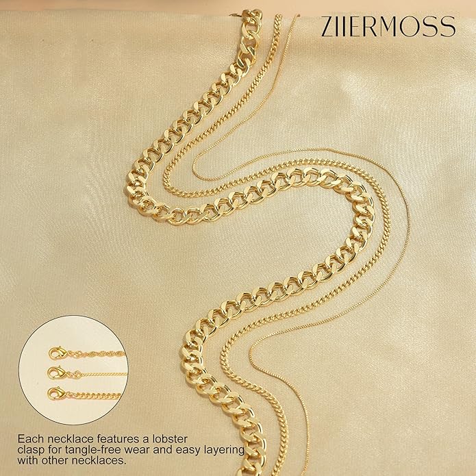 3PCS Gold Necklaces for Women,Chunky Statement Gold Plated Necklace Stack Layered Sterling Silver Herringbone Chains for Women Dainty Trendy Silver Chains Stacked Jewelry Gifts