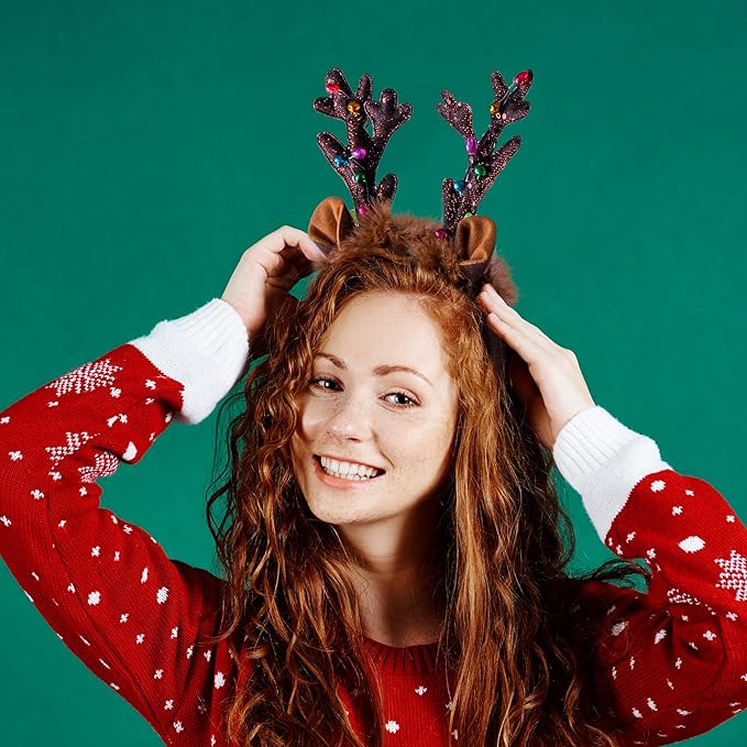 JOYIN Christmas Light Up Headband, Cute Reindeer Headband with LED Bulbs for Adult Kids Party Favor Supplies Xmas Accessories Christmas Holiday