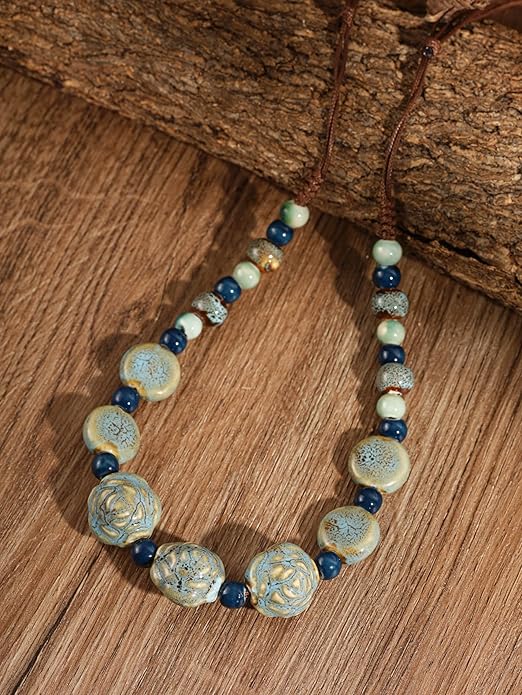 MINACHI Boho Hippie Round Ceramic Beads Strand Necklace, Vintage Bohemian Summer Beach Jewelry Gift for Women